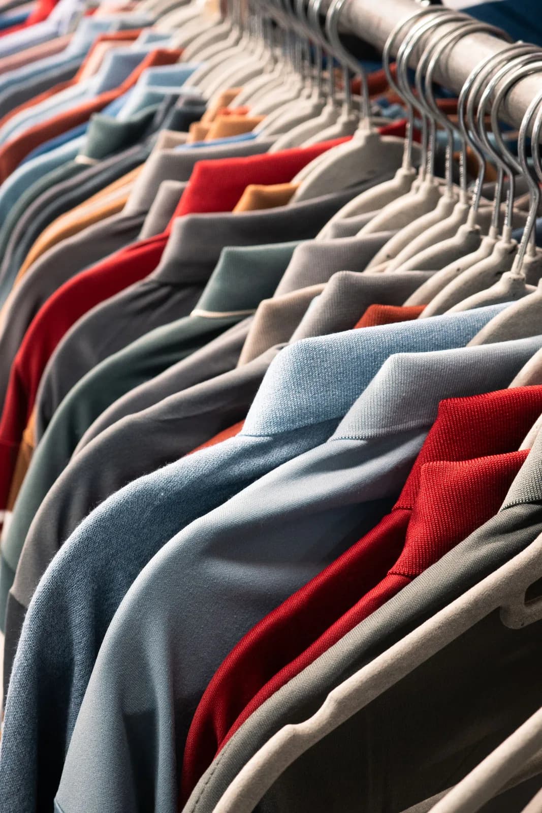 Polo shirts in different colours arranged on hangers, showing collars and fabrics