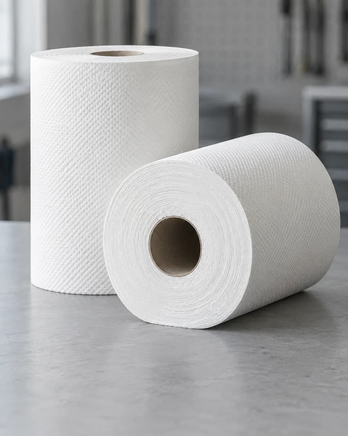 Two white industrial paper rolls on a workbench, with the cardboard core visible
