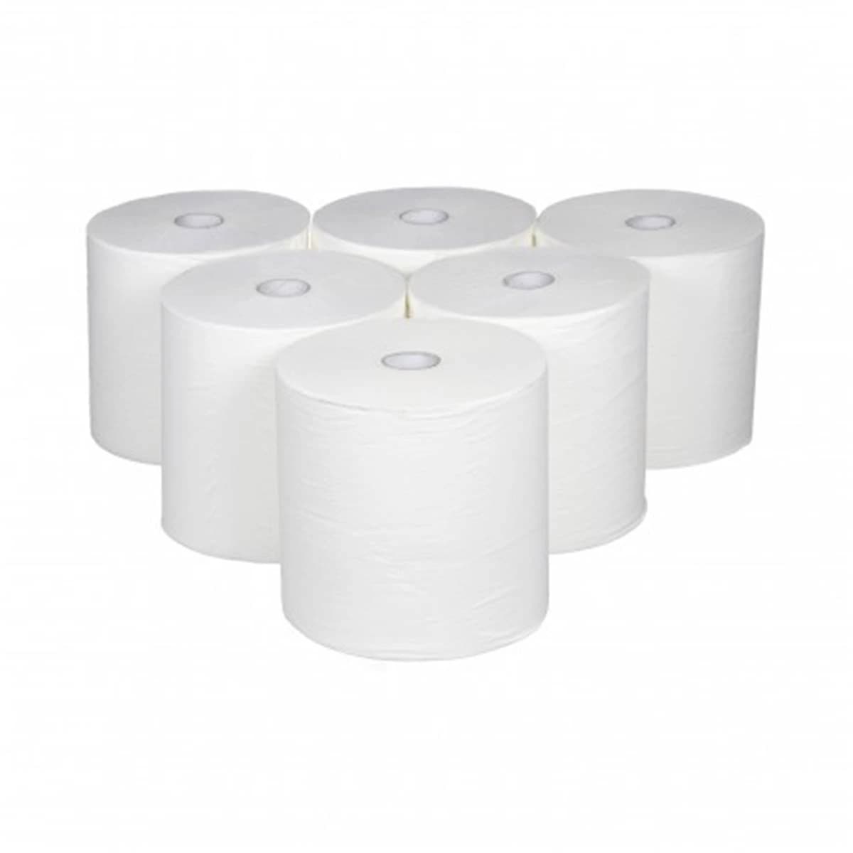 Imagen orientativa de seis bobinas blancas de papel secamanos industrial
