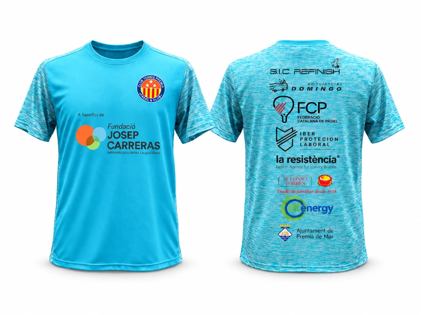Samarretes esportives turqueses personalitzades per al III Torneig Solidari de Pàdel, vistes pel davant i pel darrere