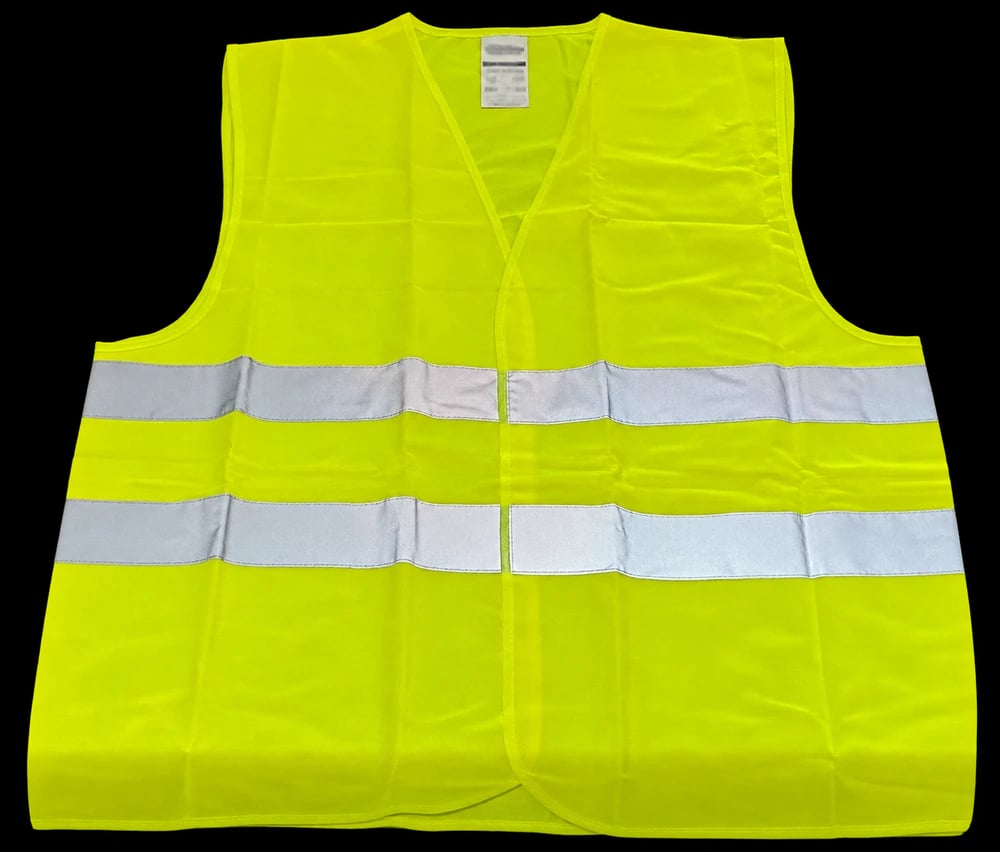 Sleeveless yellow reflective vest with two horizontal silver bands
