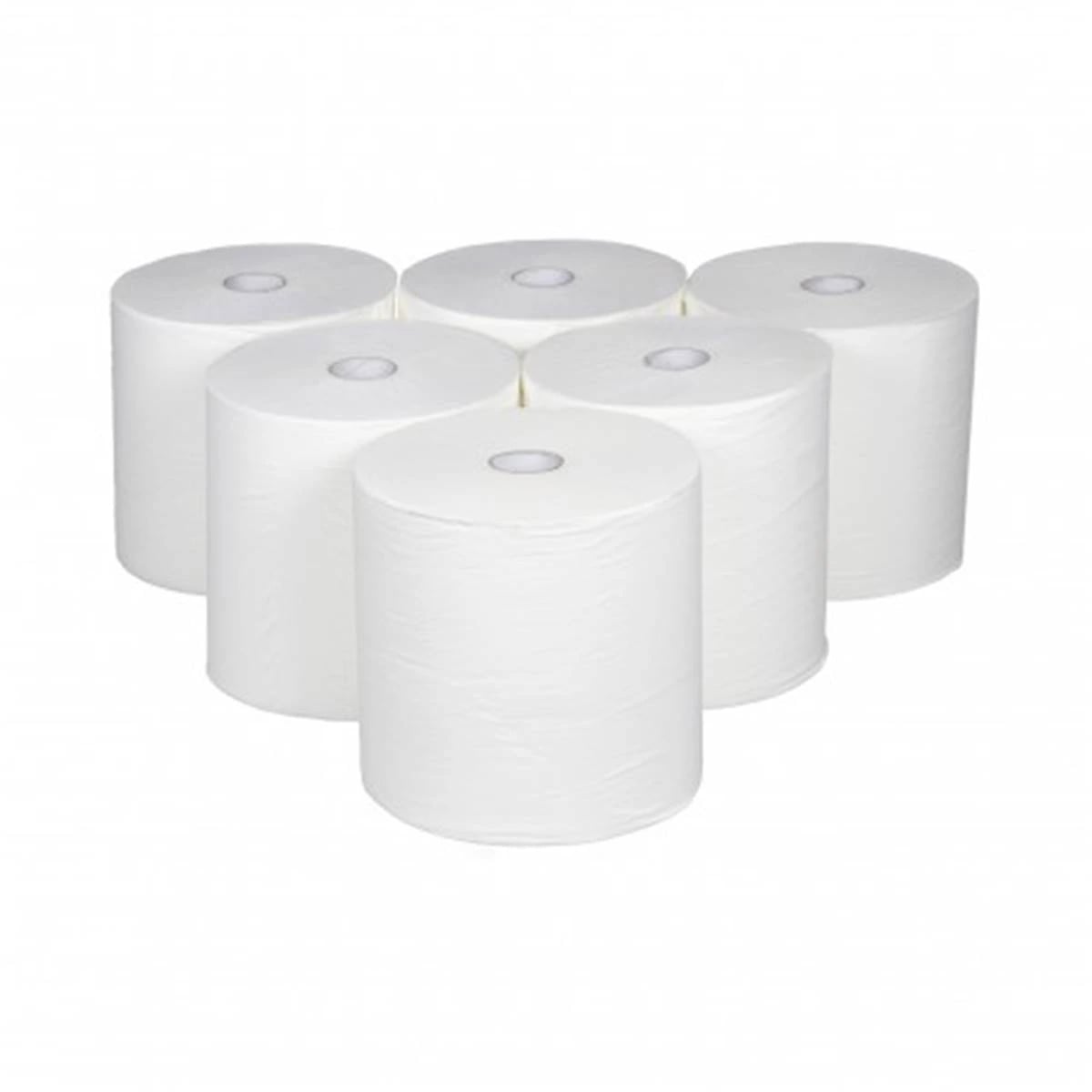 Illustrative image of six white industrial paper hand towel rolls